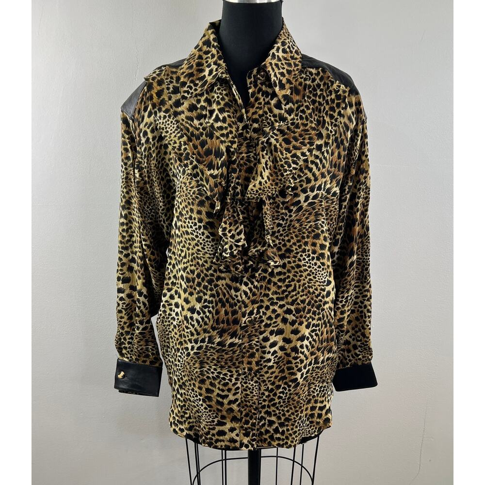 Vintage CACHE Brown Top Silk Leopard Ruffle Collar Leather Button-Up Sz M Medium